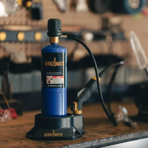 Pro Grade Precision Flame Hand Torch With Adjustable Heat for MAP Pro Propane Fuel on a workbench