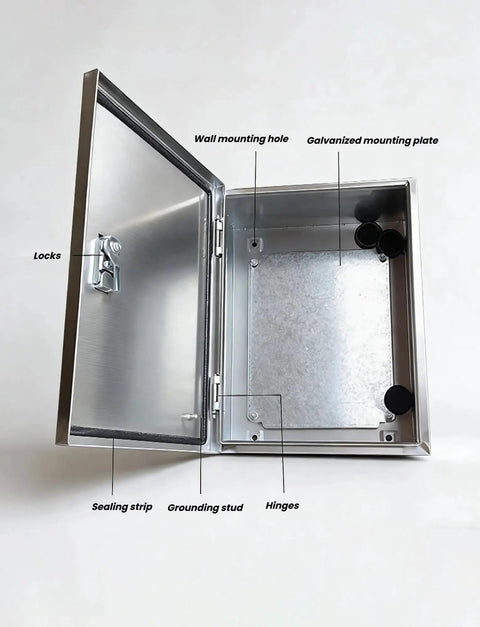 Beefy Stainless Steel Electrical Junction Box Enclosure With Wire Entry Hole, Waterproof And Dustproof For Outdoor Power Distribution, Industrial Grade, Weatherproof, Secure Cable Management, open door view