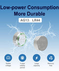 Premium AG13 LR44 Batteries 25 Pack 1.5V Alkaline Button Cells showing low-power consumption and durability features.