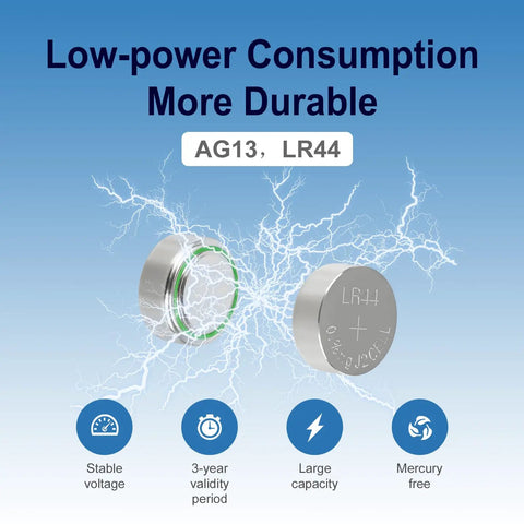 Premium AG13 LR44 Batteries 25 Pack 1.5V Alkaline Button Cells showing low-power consumption and durability features.