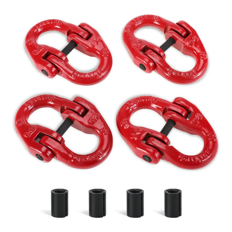 Four Pack Three Eighths Inch G80 Alloy Steel Hammerlock Coupling Links Painted Finish Built Tough Heavy Duty Connecting Link Set With 7100 Lb Working Load Limit Anti Corrosion Build, red links set with black inserts