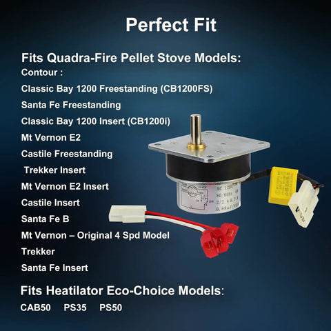 Auger Feed Motor 2.4 RPM 120V Replacement For Pellet Stove Parts with compatibility list and wire connectors