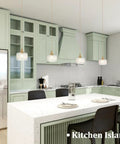 2 Pack Vintage Pendant Lights With Clear Striped Glass Shades And Slick Brass Finish Adjustable Hanging Fixtures For Kitchen Island Or Dining Room Featuring Warm Glowing Led Bulbs That Are Gonna Hit Different above a modern kitchen island with mint green cabinets.