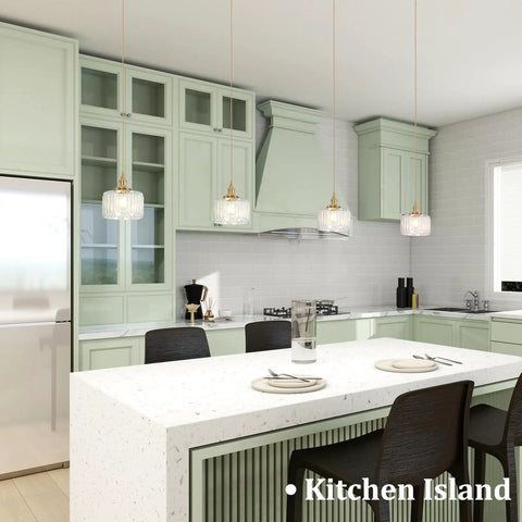 2 Pack Vintage Pendant Lights With Clear Striped Glass Shades And Slick Brass Finish Adjustable Hanging Fixtures For Kitchen Island Or Dining Room Featuring Warm Glowing Led Bulbs That Are Gonna Hit Different above a modern kitchen island with mint green cabinets.