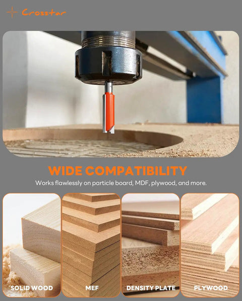 Carbide Straight Router Bit Set With One Quarter Inch Shank Nine Size Pack For Woodworking installed in CNC machine cutting wood.