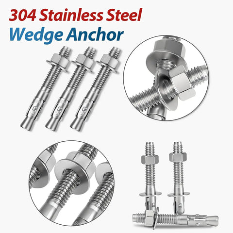 Three Eighths Inch By Three Inch Wedge Anchor Set In 304 Stainless Steel For Concrete And Masonry Rust Resistant Heavy Duty 8 Pack Cement And Concrete Anchors For Brick Block And Structural Installations.