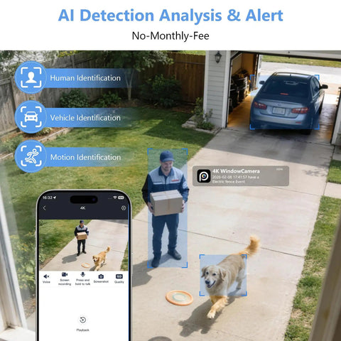 No Drill Magnetic Window Camera For Inside Or Outside Monitoring Through Glass 4K 8MP Lens With 32GB SD Card, AI human detection