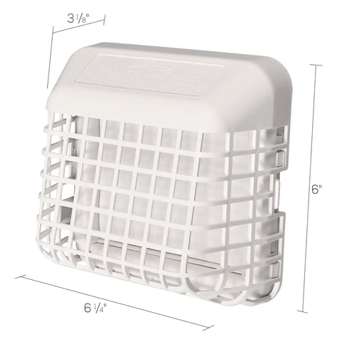 4 Inch Outdoor Dryer Hood with Bird Guard and No Fuss Easy Clean Louvers, shown in white with grid dimensions