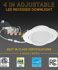 4 Inch Gimbal LED Recessed Light Canless Eyeball LED Fixture With 5 CCT Selectable 2700K 3000K 3500K 4000K 5000K Dimmable 630 Lumen Tilt Adjustable For Sloped Ceilings Includes Metal Junction Box 6 Pack displayed with certifications logos