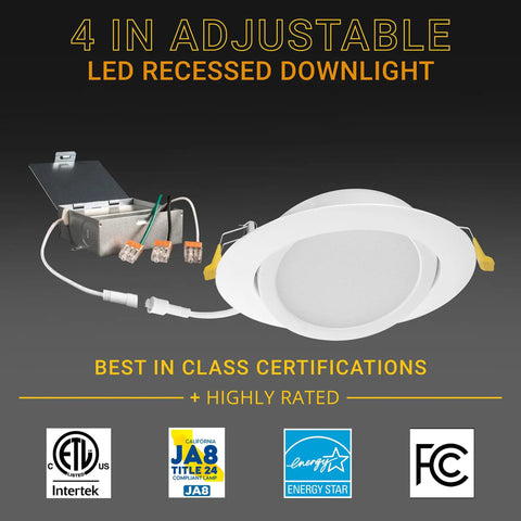4 Inch Gimbal LED Recessed Light Canless Eyeball LED Fixture With 5 CCT Selectable 2700K 3000K 3500K 4000K 5000K Dimmable 630 Lumen Tilt Adjustable For Sloped Ceilings Includes Metal Junction Box 6 Pack displayed with certifications logos