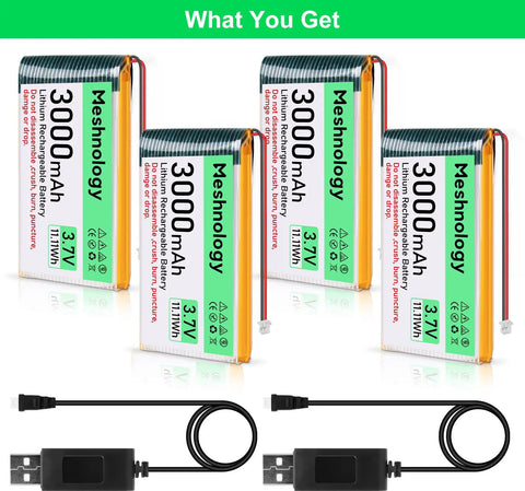 4 Pack 3.7V 3000mAh LiPo Battery With USB Charger Cable, protection board, insulated tape, and Micro JST 1.25 plug for Arduino ESP32.