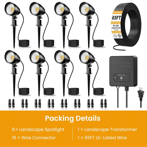 Low Voltage Landscape Lighting Kit With 100W Transformer, 12W LED Garden Lights, 65 Ft UL Listed Wire, 8 Pack Waterproof