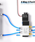 Installed 24V DC 2-Position 5-Way Solenoid Valve Heavy-Duty Pilot-Operated Electric with inlet, outlet, and exhaust ports.