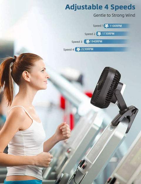Person using 20000mAh Rechargeable Clip On Fan With 78 Hours Battery Life 8 Inch Personal Cooling on treadmill, 4 speeds shown