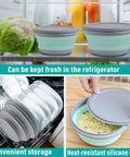 Collapsible Silicone Bowls Set Of 3 With Lids BPA Free Food Grade Camping Dinnerware For Travel Picnic And Lunch Grab And Go Portable Foldable Food Storage Containers In Blue Dishwasher Safe Reusable shown in fridge and dishwasher