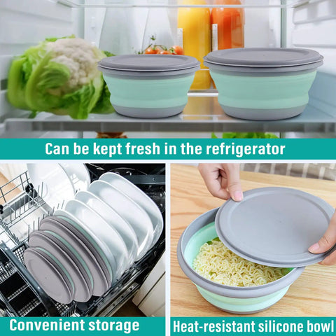 Collapsible Silicone Bowls Set Of 3 With Lids BPA Free Food Grade Camping Dinnerware For Travel Picnic And Lunch Grab And Go Portable Foldable Food Storage Containers In Blue Dishwasher Safe Reusable shown in fridge and dishwasher