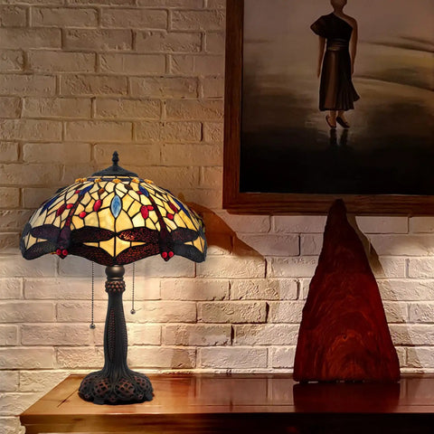 Vintage Tiffany Style Table Lamp With Red Dragonfly Stained Glass Shade 23 Inch High Two Light Bedside Lamp on wooden table