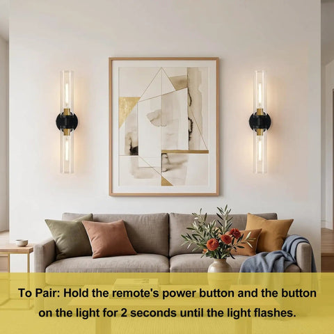 Battery Operated Wall Sconces Set of Two, Black and Gold Wall Light fixtures with Wireless Remote Control，Rechargeable Dimmable, stylishly placed in a modern living room.