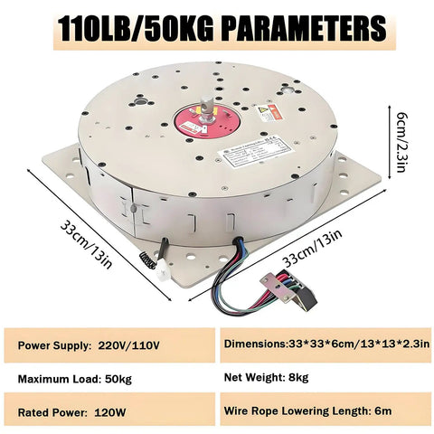 Heavy Duty Electric Chandelier Hoist Lifter System Holds Up To 551 Lbs For Villa Pendant Lamp Cleaning Maintenance With Wireless Remote Control And Tough Steel Build, showcasing a 110LB motorized hoist system.