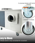 Heavy Duty Industrial Air Conditioner 61000 Btu Hour Cooling showing mobile design with 4 wheels and foot brakes for easy transport.
