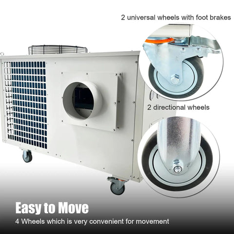 Heavy Duty Industrial Air Conditioner 61000 Btu Hour Cooling showing mobile design with 4 wheels and foot brakes for easy transport.