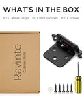 Heavy Duty Slick Black Cabinet Hinges Half Inch Full Overlay 60 Pack With No Mortise Required Effortless Setup Smooth Swing, contents of the box.