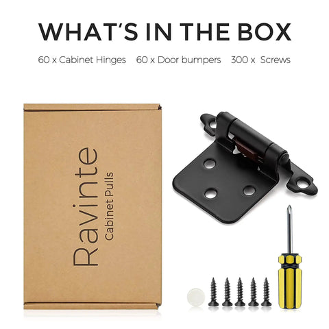 Heavy Duty Slick Black Cabinet Hinges Half Inch Full Overlay 60 Pack With No Mortise Required Effortless Setup Smooth Swing, contents of the box.