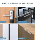 Clear Silicone Cabinet Door Bumper With Strong Adhesive 3M Backing displayed on door handle, table, refrigerator, and cabinet