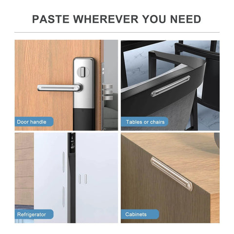 Clear Silicone Cabinet Door Bumper With Strong Adhesive 3M Backing displayed on door handle, table, refrigerator, and cabinet