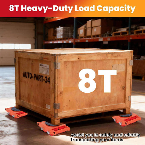 Wooden crate on 4 Piece 8T Machine Skates With 360 Degree Swivel Top Plate PU Wheels Low Profile Heavy Duty Mover Dollies