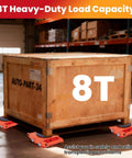 Heavy Duty 8-Ton Machine Moving Skates And Rollers For Industrial Shop Use With 360 Swivel Top Plates under wooden crate in warehouse.