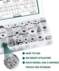 Front view of a clear plastic storage box containing 520-piece 304 stainless steel flat washers in SAE and metric sizes.