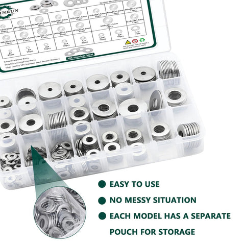 Front view of a clear plastic storage box containing 520-piece 304 stainless steel flat washers in SAE and metric sizes.