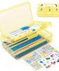 Double Layer Clear Hard Pencil Case With Snap Tight Lid For Pens Pencils Markers Crayons And Other School Office Supplies A Must Have Organizer Box With Plenty Of Room Standard Size Yellow showing upper layer open with pens inside