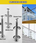 Heavy Duty Adjustable Stainless Steel Glass Railing Posts with brushed finish for patios, decks, and walkways. Includes corner, middle, and end post.