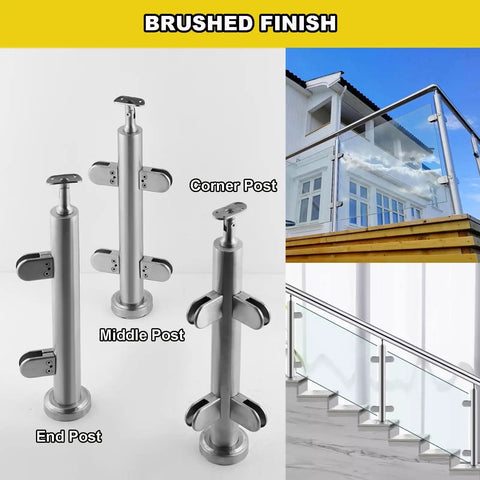 Heavy Duty Adjustable Stainless Steel Glass Railing Posts with brushed finish for patios, decks, and walkways. Includes corner, middle, and end post.