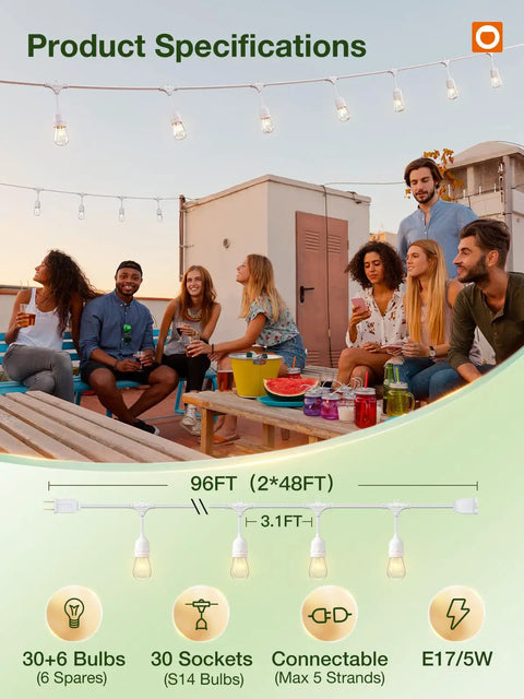Group enjoying an outdoor gathering under Outdoor String Lights Weatherproof 96Ft Two 48Ft Strands With Edison Vintage Bulbs