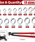 250 Piece Single Ear Hose Clamp Kit With Storage Box And Ear Clamp Pliers DIY Friendly, showing 14 clamp sizes in image.