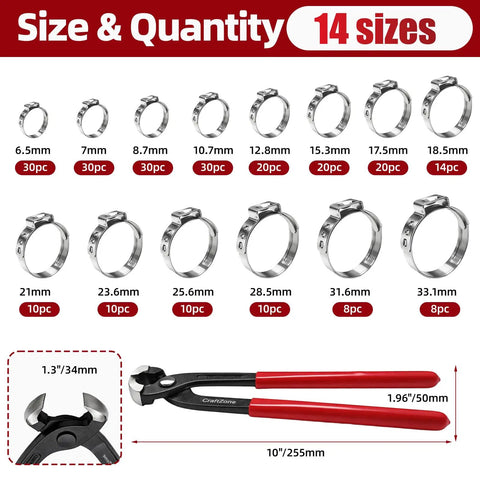 250 Piece Single Ear Hose Clamp Kit With Storage Box And Ear Clamp Pliers DIY Friendly, showing 14 clamp sizes in image.