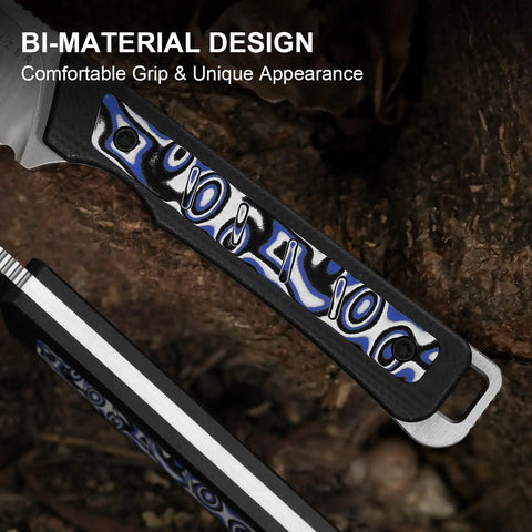 Close-up of Whiskey Jack Fixed Blade Knife 2.06 Inch Drop Point AEB L Blade with ergonomic G10 and Micarta handle design