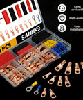 Pro Grade Copper Wire Lugs Set 130 Pieces With 60 Heat Shrink Tubing For Battery Cables AWG 2 To 16 Kit in open case