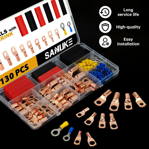 Pro Grade Copper Wire Lugs Set 130 Pieces With 60 Heat Shrink Tubing For Battery Cables AWG 2 To 16 Kit in open case