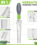 5-In-1 Garden Weeder Trowel With Soft Grip Handle, Stainless Steel No-Fuss Hand Weeding Tool shown with cutting notches and saw edges