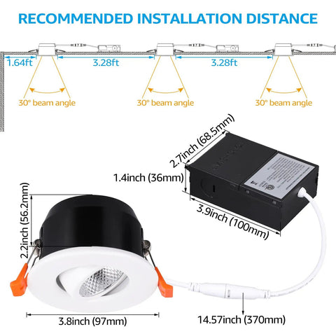 Diagram showing Gimbal 3 Inch LED Recessed Light With Junction Box Swivel Eyeball Downlight Dimmable 90 Plus CRI dimensions.