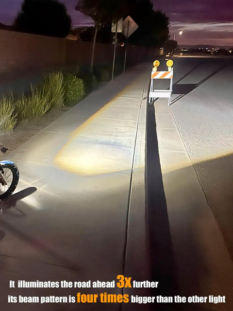 Ultra Bright Front Bike Light For Night Riding 1500 Lumens illuminating urban road at night with anti glare wide beam.