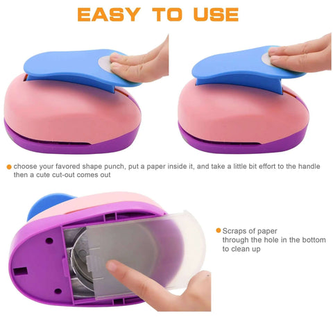 Heavy Duty 3 Inch Circle Punch With Spring Action Lever for smooth cutting on cardstock, shown in use and scrap collection feature