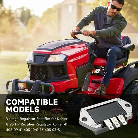 Man riding red lawn tractor with Voltage Regulator Rectifier For Kohler 8 To 25 HP Engines inset with model compatibility text