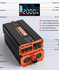 Solid Pure Sine Wave Power Inverter 12V DC To 120V AC Car Converter 2000W with LED display and cooling fans.