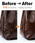 Dark Brown Leather Repair Kit With Recoloring Balm And Dye For Scratches Fading And Aging On Couches Seats Boots And Leather Furniture Restore Like New before and after results on leather bag