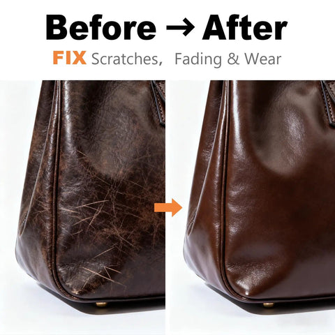 Dark Brown Leather Repair Kit With Recoloring Balm And Dye For Scratches Fading And Aging On Couches Seats Boots And Leather Furniture Restore Like New before and after results on leather bag